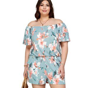 Blue Floral Off-Shoulder Ruffle Sleeve Romper